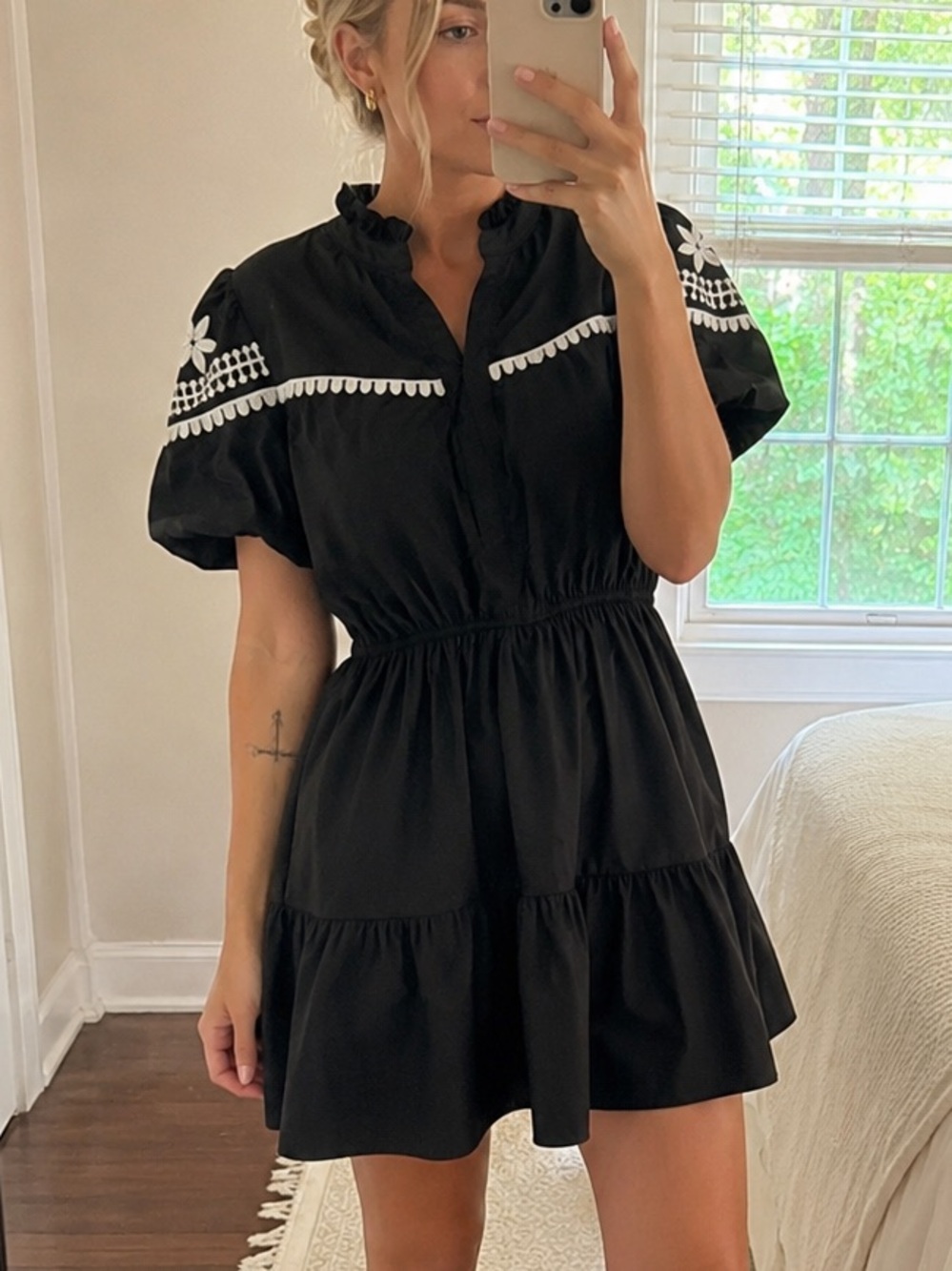 Strut & Bolt Black Mini Dress with White Embroidery Size M